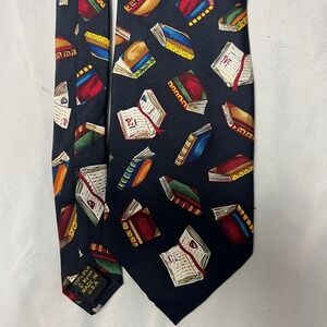 Alynn Neckwear 100% Silk Tie Blue Text Book Pattern Made in USA Teacher Academia